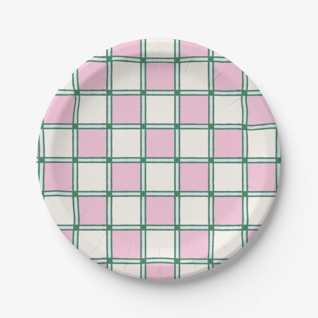 Bright Preppy Pink, Blue and Green Checkers Paper Plate (Front)