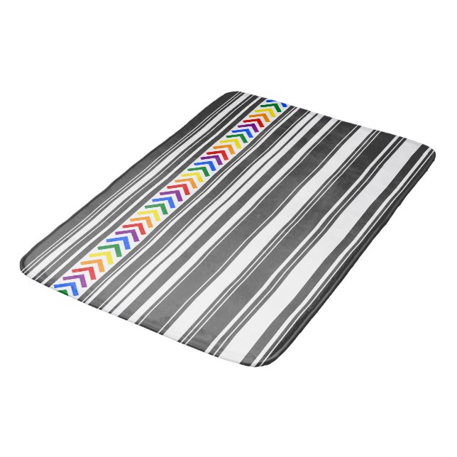Bright Pride Pattern on Dark Grey and White Stripe Bath Mat (Angled)