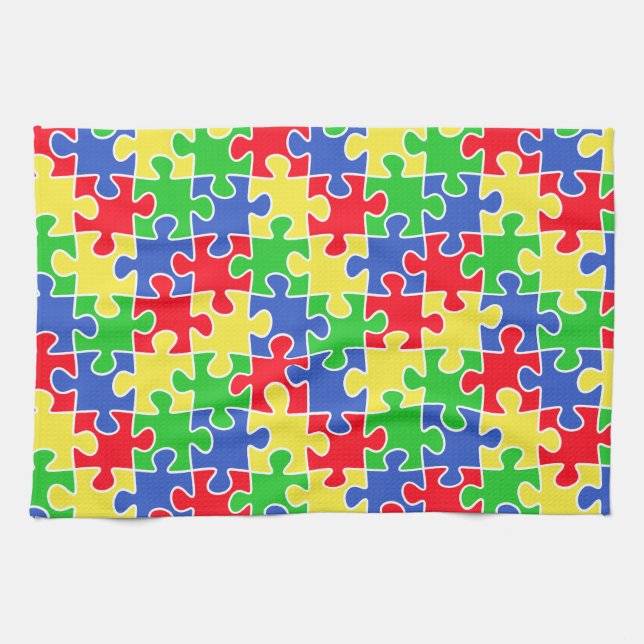 Bright Primary Colours Jigsaw Puzzle Pieces Kitchen Towel (Horizontal)