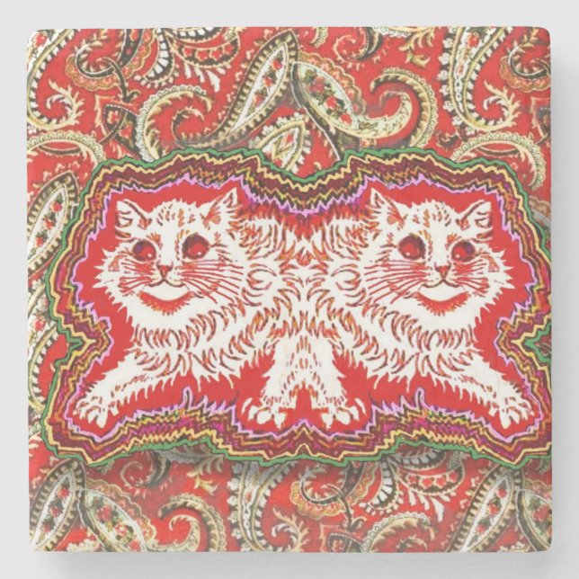 Bright Psychedelic Red Cats (by Louis Wain) Stone Coaster (Front)