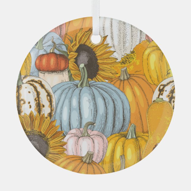 Bright pumpkins, sunflowers, hand-drawn pattern. glass ornament (Front)