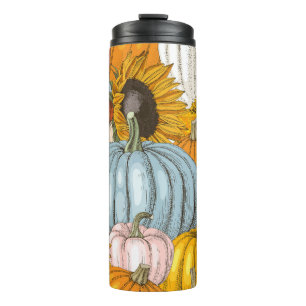Bright pumpkins, sunflowers, hand-drawn pattern. thermal tumbler