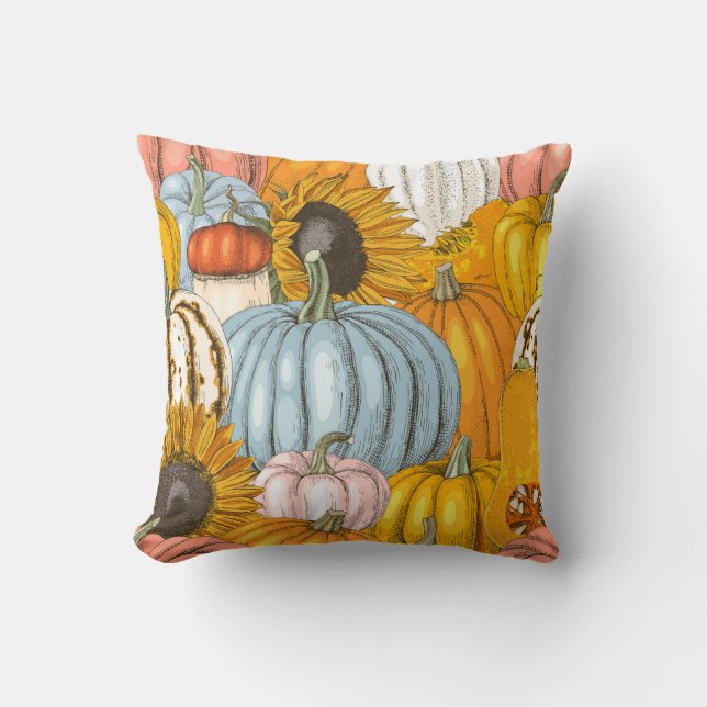 Bright pumpkins, sunflowers, hand-drawn pattern. throw pillow (Front)