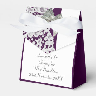 Bright purple and white damask lace wedding favor box