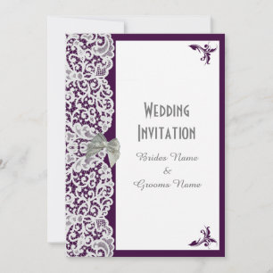 Bright purple and white lace  traditional wedding invitation