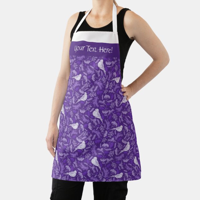 Bright Purple and Winter White Bird Floral Pattern Apron (Insitu)