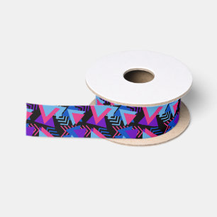 Bright Purple, Blue, Pink 80's Background Pattern Satin Ribbon