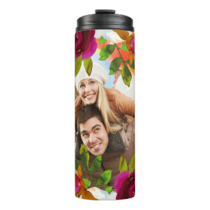 Bright Purple Boho Floral and Feathers with Photo Thermal Tumbler