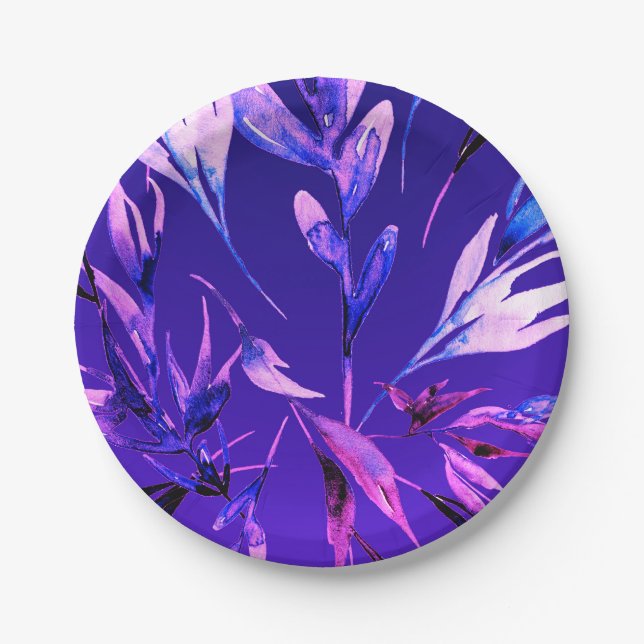 Bright Purple Bold Colour Watercolor Botanical Gla Paper Plate (Front)