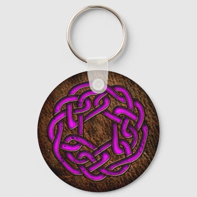 Bright purple celtic ornament on leather keychain (Front)