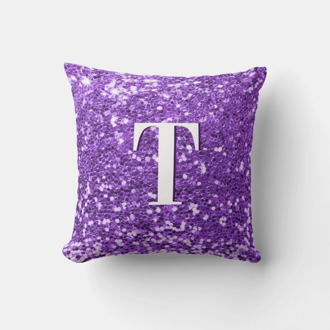 Bright Purple Chunky Glitter Monogrammed Throw Pillow (Front)