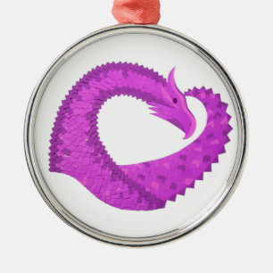 Bright purple heart dragon on white metal ornament