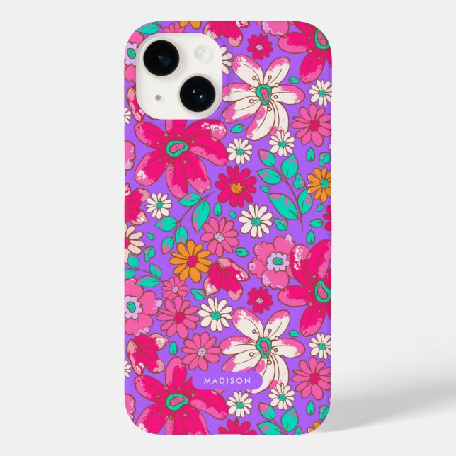 Bright Purple, Hot Pink Floral Personalized Case-Mate iPhone Case (Back)