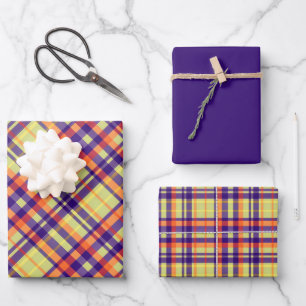 Bright Purple, Orange, Lime Green & Yellow Plaid Wrapping Paper Sheet