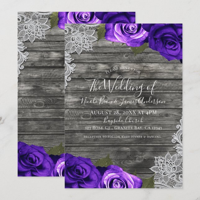 Bright Purple Roses Grey Rustic White Lace Wedding Invitation (Front/Back)