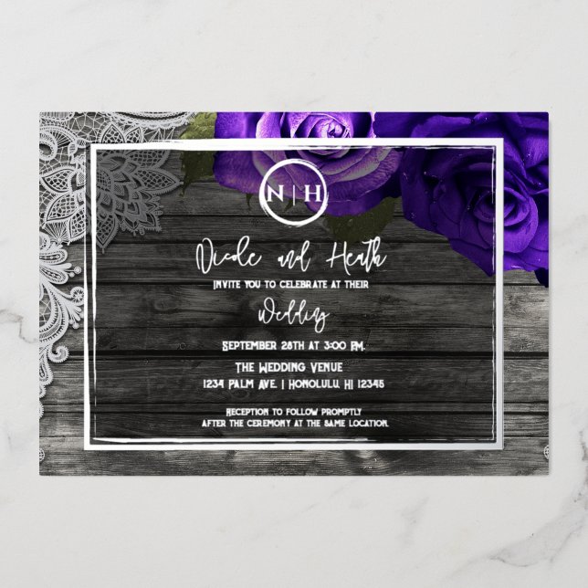 Bright Purple Roses Wood & Lace Rustic Wedding (Front)
