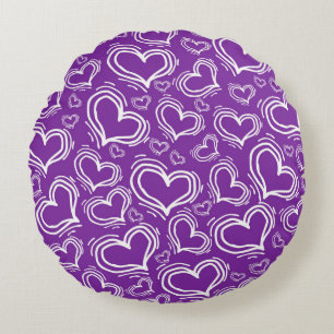 BRIGHT PURPLE WITH WHITE HEARTS AND FLOWERS ROUND PILLOW