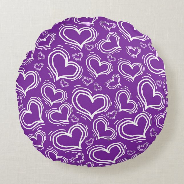 BRIGHT PURPLE WITH WHITE HEARTS AND FLOWERS ROUND PILLOW (Front)