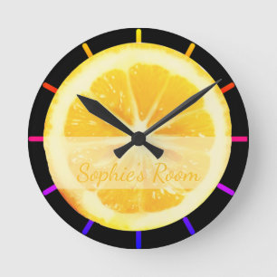 BRIGHT QUIRKY COLORFUL LEMON CITRUS FRUIT SLICED  ROUND CLOCK