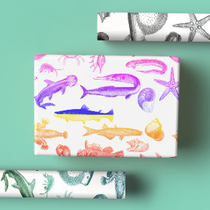 Bright Rainbow, Blue & Green Sea Creatures Wrapping Paper Sheet