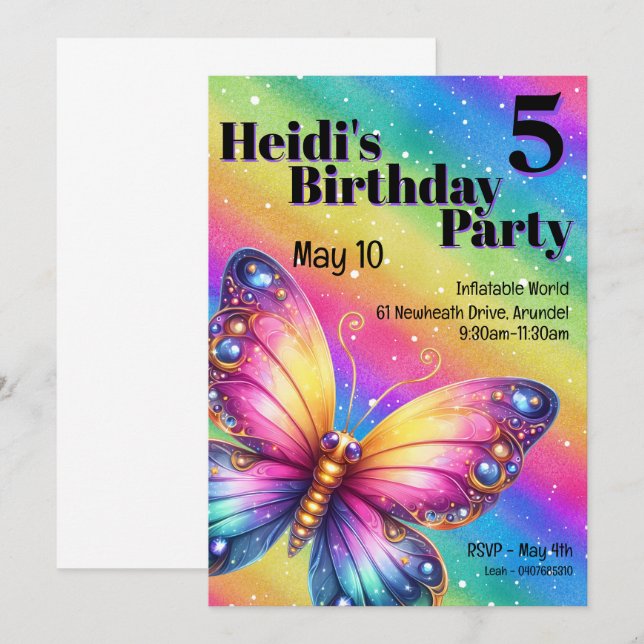 Bright Rainbow Butterfly Birthday  Invitation (Front/Back)
