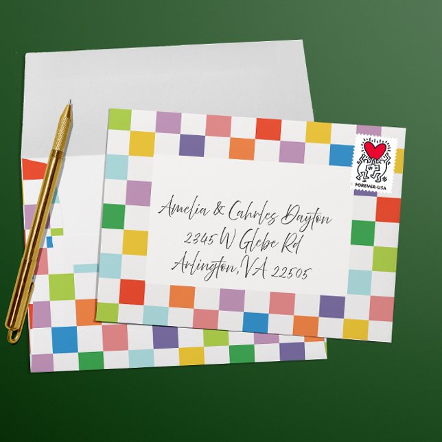 Bright Rainbow Chequerboard Fun Party Envelope (colorful checkerboard patterned envelope with blank space for hand-writing addresses)