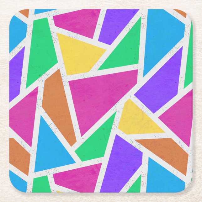 Bright rainbow colours mosaic square paper coaster (Front)
