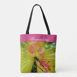 Bright Rainbow Dragonfly pink lily pad w/ Name Tote Bag