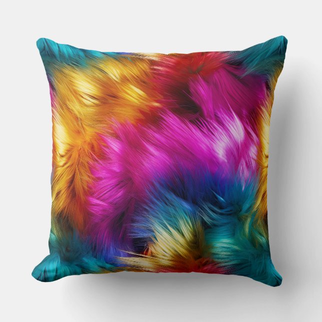 Bright Rainbow faux monster fur texture Throw Pillow (Front)