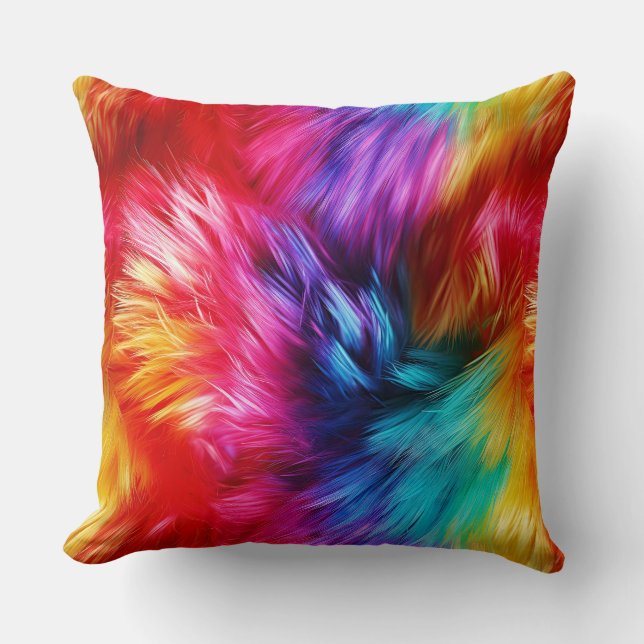 Bright Rainbow faux monster fur texture Throw Pillow (Front)