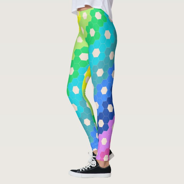 Bright Rainbow Geometric Hexagon Flower Pattern Leggings (Left)