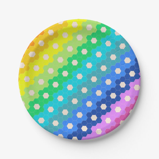 Bright Rainbow Geometric Hexagon Flower Pattern Paper Plate (Front)