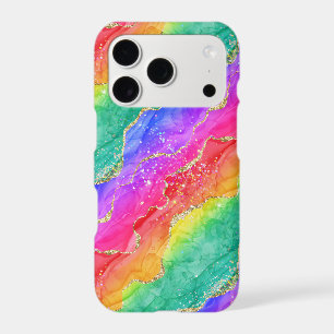 Bright Rainbow & Gold Faux Glitter Agate