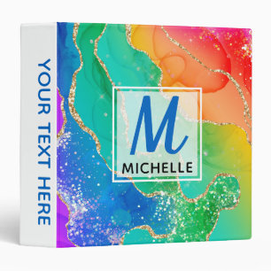 Bright Rainbow & Gold Faux Glitter Agate Monogram Binder