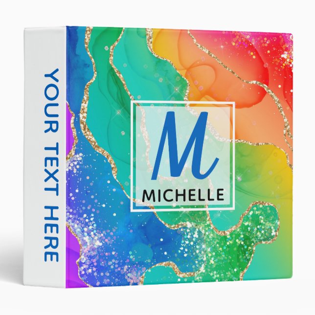 Bright Rainbow & Gold Faux Glitter Agate Monogram Binder (Front/Spine)