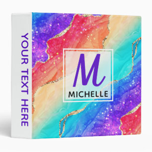 Bright Rainbow & Gold Faux Glitter Agate Monogram Binder
