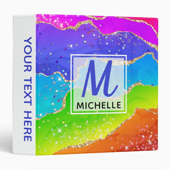 Bright Rainbow & Gold Faux Glitter Agate Monogram Binder (Front/Spine)