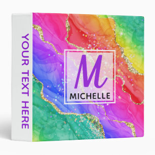 Bright Rainbow & Gold Faux Glitter Agate Monogram Binder