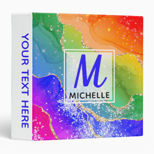 Bright Rainbow & Gold Faux Glitter Agate Monogram Binder