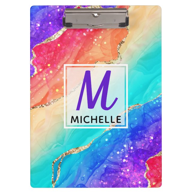 Bright Rainbow & Gold Faux Glitter Agate Monogram Clipboard (Front)