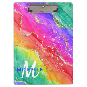 Bright Rainbow & Gold Faux Glitter Agate Monogram Clipboard