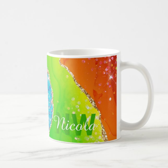 Bright Rainbow & Gold Faux Glitter Agate Monogram Coffee Mug (Right)