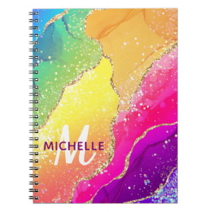 Bright Rainbow & Gold Faux Glitter Agate Monogram Notebook