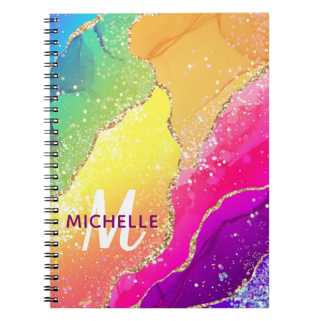 Bright Rainbow & Gold Faux Glitter Agate Monogram Notebook (Front)