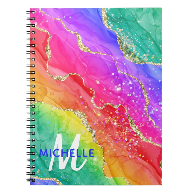 Bright Rainbow & Gold Faux Glitter Agate Monogram Notebook (Front)