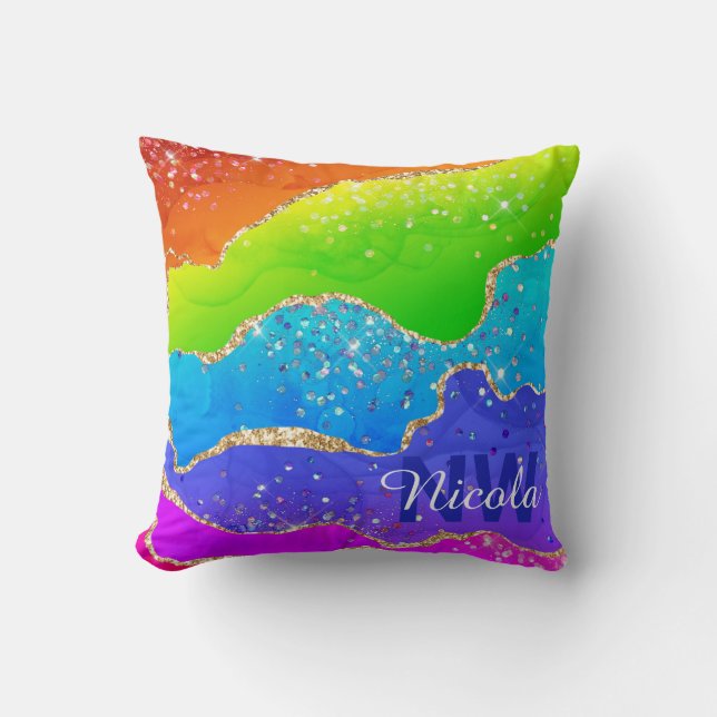 Bright Rainbow & Gold Faux Glitter Agate Monogram Throw Pillow (Front)