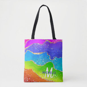 Bright Rainbow & Gold Faux Glitter Agate Monogram Tote Bag
