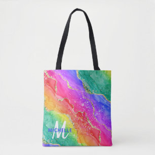 Bright Rainbow & Gold Faux Glitter Agate Monogram  Tote Bag