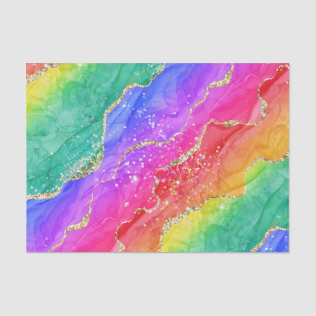 Bright Rainbow & Gold Faux Glitter Agate Tissue Paper (Front)