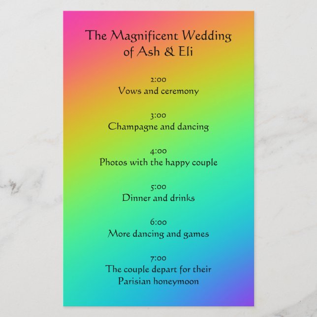 Bright Rainbow Gradient Wedding Program Stationery (Front)
